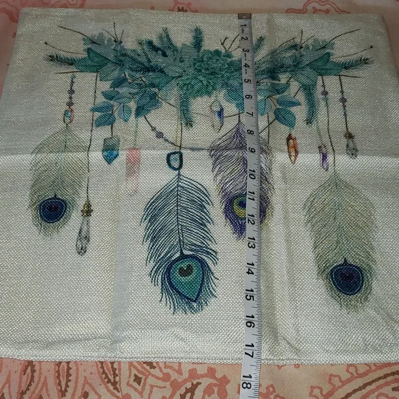 Peacock Feathers Pillow Case. Crystals Succulent Boho Chic Beautiful - Picture 10 of 11